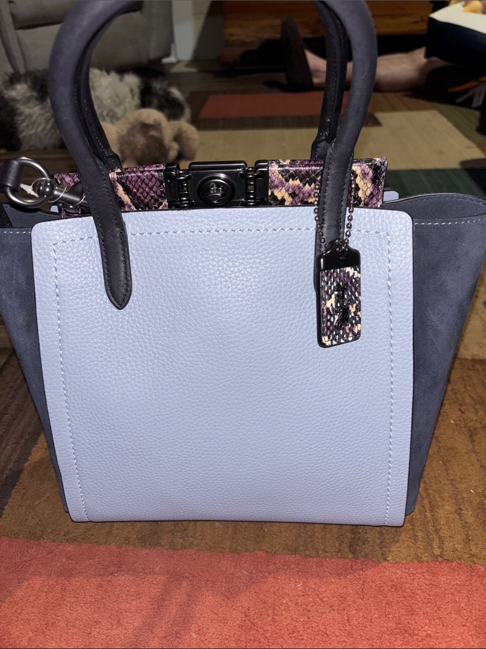 Coach Two-Tone Light Blue and Gray Pebbled Leather Satchel with Snakeskin Accent